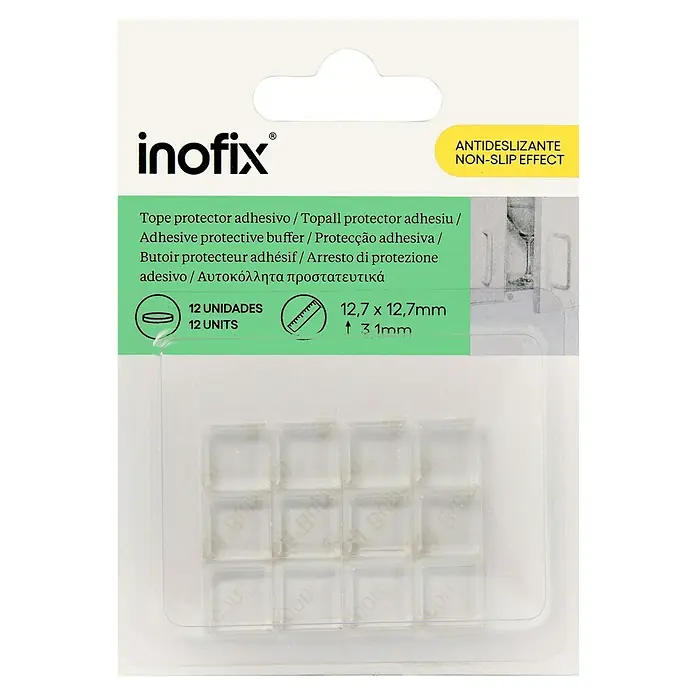 Inofix Adhesivo antideslizante 4054-2 - Transparente, Pegado, 12 pzs. - Paquete de topes antideslizantes Inofix, protectores adhesivos, 12 unidades, transparentes, 12,7x12,7mm, 3,1mm de alto para muebles.