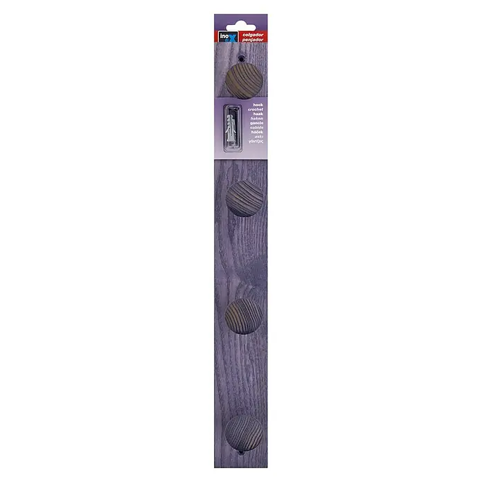 Inofix Perchero 3734 - L x An x Al: 48,8 x 6 x 6 cm, Madera, Violeta - La imagen presenta un primer plano de varios colgadores de madera Ino-Fix sobre una superficie vertical de madera.