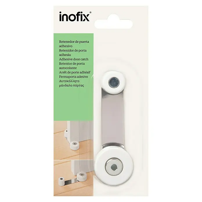 Inofix Tope de puerta retenedor 2058 - Metal, Blanco - Imagen de un retenedor de puerta adhesivo Inofix, perfecto para una instalación fácil y sin taladro en casa y oficina.