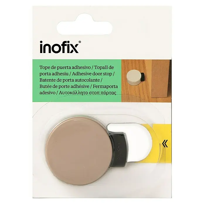 Inofix Tope de puerta 2420 - Plástico, Beige - Tope de puerta adhesivo Inofix en su embalaje.