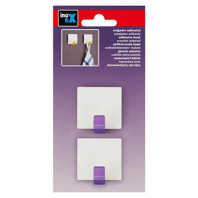 Inofix Colgador adhesivo 2310 - L x An x Al: 4 x 4,2 x 2,5 cm, Violeta - Ganchos adhesivos Inox con soporte blanco y gancho morado para un fácil montaje sin perforar.