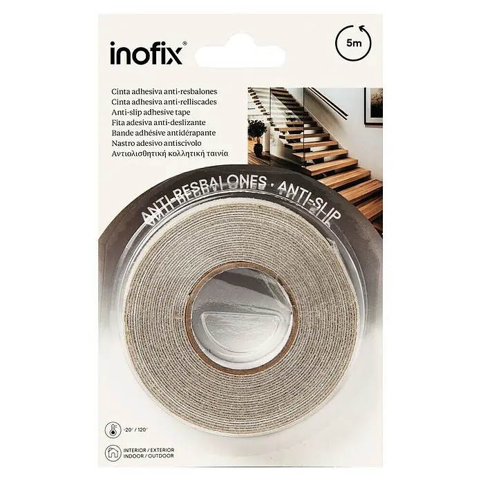 Inofix Cinta antideslizante 1989-0- - Transparente, L x An: 5 m x 25 mm - Imagen de un rollo de cinta adhesiva antideslizante Inofix, de 5m de largo, apto para uso interior/exterior, resistente a temperaturas de -20°/120°.