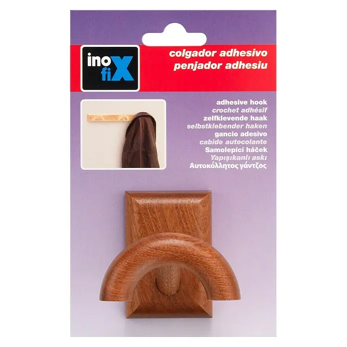 Inofix Colgador adhesivo Sapelly - Madera, Marrón - Gancho adhesivo de madera. Este gancho decorativo es adecuado para el montaje en pared en la casa y puede usarse como perchero.