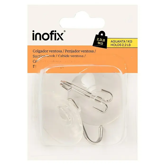 Inofix Colgador con ventosa 1218 - Diámetro: 45 mm, Transparente, 2 ud. - Imagen del producto: un juego de ganchos de ventosa transparentes Inofix con ganchos metálicos plateados para una fácil fijación.