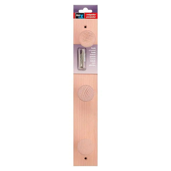 Inofix Perchero 3733 - L x An x Al: 36 x 6 x 6 cm, Madera, Rosa - Un perchero de madera clara con tres pomos y tornillos para facilitar el montaje en la pared para más orden.