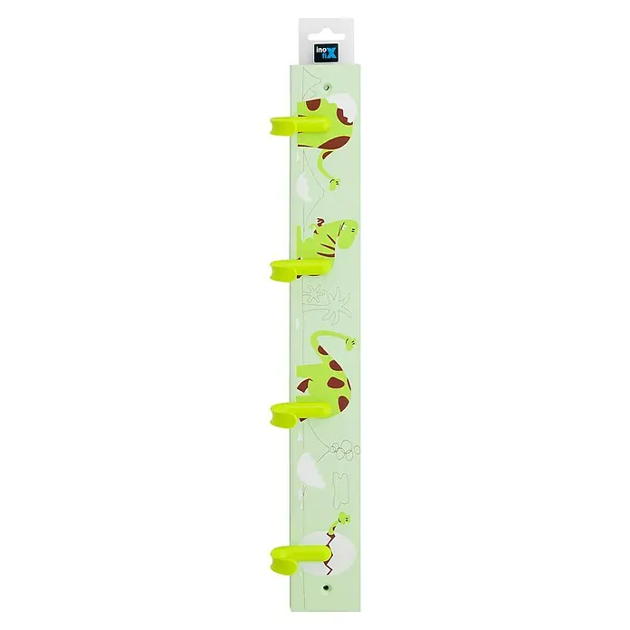 Inofix Perchero 3706 - L x An x Al: 488 x 8 x 48 cm, Madera, Verde - Perchero de pared con dinosaurios coloridos y ganchos. Ideal para habitaciones infantiles, ofrece almacenamiento lúdico para chaquetas.