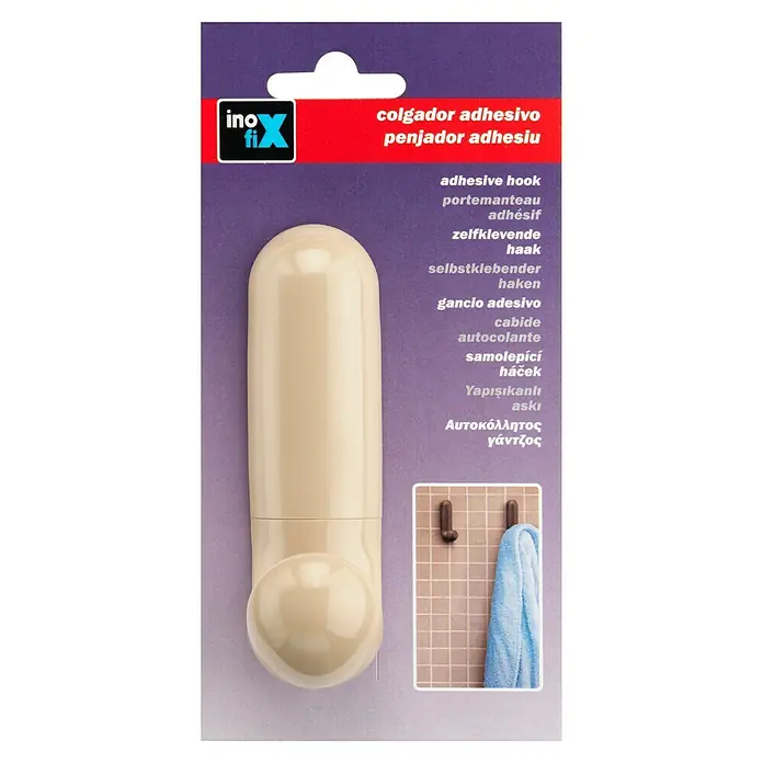 Inofix Colgador adhesivo 2088-B - Beige, Capacidad de carga: 2 kg - Imagen de un colgador adhesivo Ino-Fix en color crema sobre un embalaje morado con descripciones multilingües.