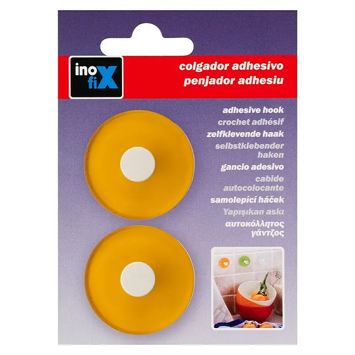 Inofix Colgador adhesivo 2311 - Plástico, Naranja, 2 ud., Redonda - Paquete de dos colgadores adhesivos amarillos de Ino-fi, ideales para colgar objetos en el hogar.