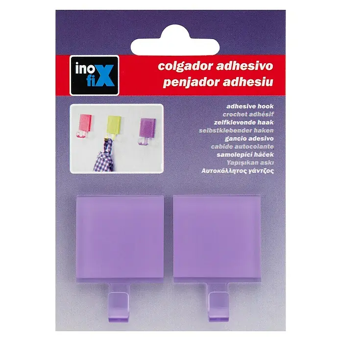 Inofix Colgador adhesivo 2305 - L x An x Al: 4,6 x 3,2 x 2 cm, Plástico, Violeta - Ganchos adhesivos de Ino-fix, ideales para colgar objetos ligeros en casa. Solución práctica, sencilla y rápida.