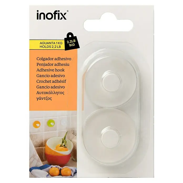 Inofix Colgador adhesivo 2311 - Plástico, Blanco, 2 ud., Redonda - Paquete de ganchos adhesivos Inofix, soporta hasta 1 kg, ideal para colgar objetos ligeros en casa.