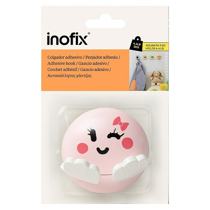 Inofix Colgador adhesivo infantil (1 ud., Plástico, Rosa, Redondeada)