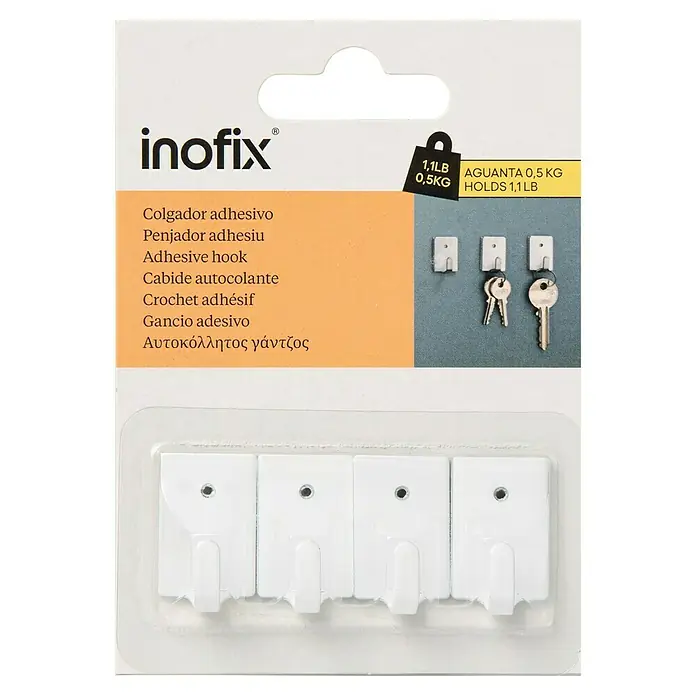Inofix Colgador adhesivo 2019 - Blanco - Paquete de ganchos adhesivos Inofix, ideales para colgar objetos ligeros en casa, soporta hasta 0,5 kg.