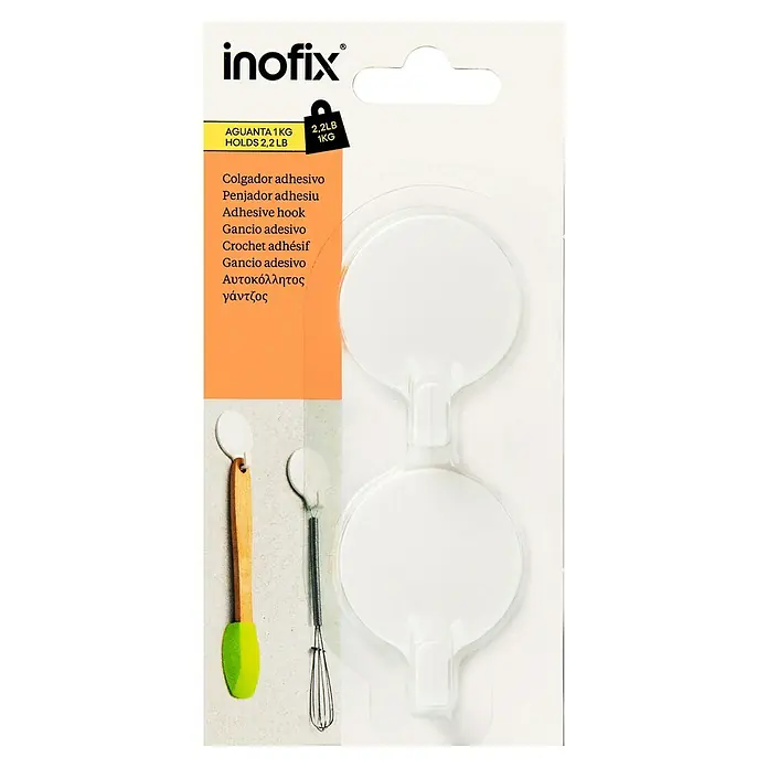 Inofix Colgador adhesivo 2170 - Blanco, 2 ud., Redonda - Un paquete de colgadores adhesivos Inofix, que soportan hasta 1 kg, perfectos para la organización de la cocina y el baño.