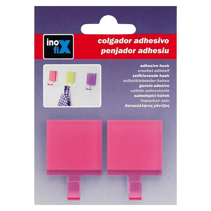 Inofix Colgador adhesivo 2305 - L x An x Al: 4,6 x 3,2 x 2 cm, Plástico, Rosa - Embalaje de colgadores adhesivos Inofix. Los colgadores son de un color rosa llamativo y ofrecen una solución práctica para colgar.
