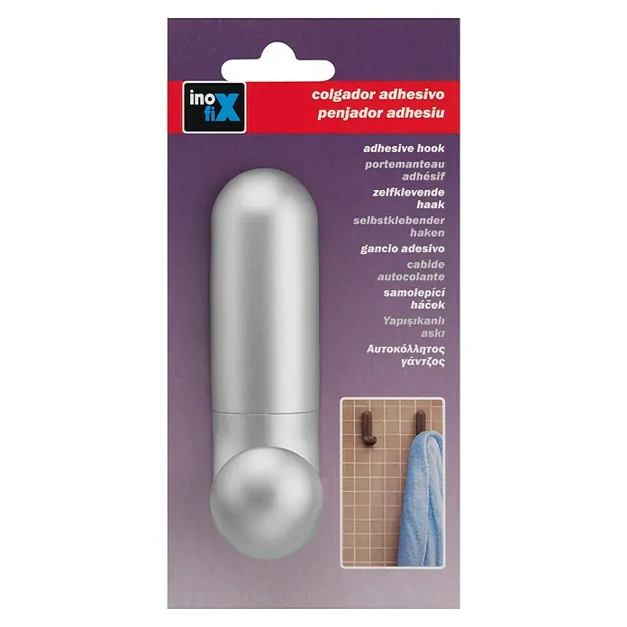 Inofix Colgador adhesivo 2088 - Cromo - La imagen muestra un embalaje para un colgador adhesivo de la marca InoFix. El colgador es de color plateado y tiene una forma redonda.