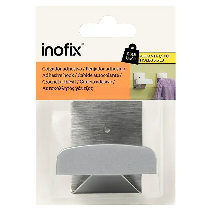 Inofix Colgador adhesivo 2045 - Cromado mate, 1 ud., Cuadrado - Imagen de un colgador adhesivo Inofix® que soporta hasta 1,5 kg. El diseño es sencillo y moderno, con acabado en plata.