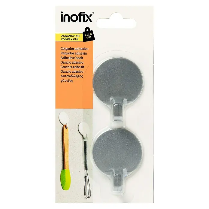 Inofix Colgador adhesivo 2170 - Cromo, 2 ud., Redonda - Paquete de ganchos adhesivos Inofix, ideales para colgar utensilios de cocina y objetos pequeños, con una capacidad de hasta 1 kg.