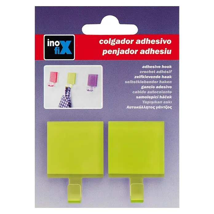 Inofix Colgador adhesivo 2305 - Plástico, Verde - Paquete de dos colgadores adhesivos amarillos, ideales para colgar objetos ligeros sin necesidad de taladrar.