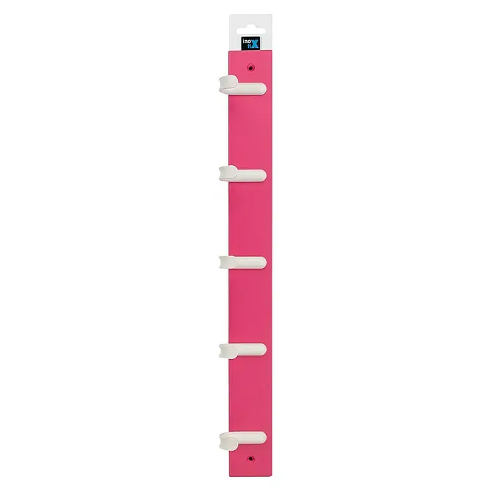 Inofix Perchero 3707 - L x An x Al: 48,8 x 6 x 5,2 cm, Madera, Rosa - Primer plano de un toallero Ino-Fix rosa con cinco ganchos para toallas blancos, que combina funcionalidad con diseño elegante.