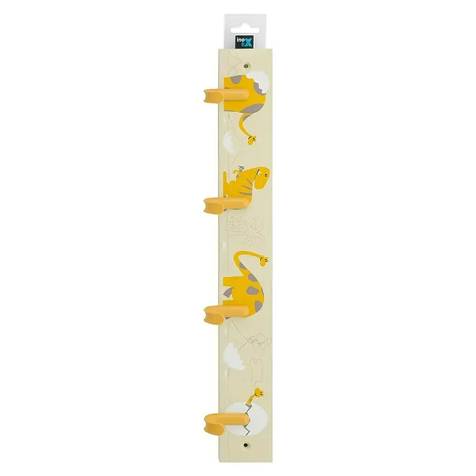 Inofix Perchero 3706 - L x An x Al: 488 x 8 x 48 cm, Madera, Amarillo - Perchero infantil colorido con motivos de dinosaurios y ganchos amarillos para chaquetas y accesorios.