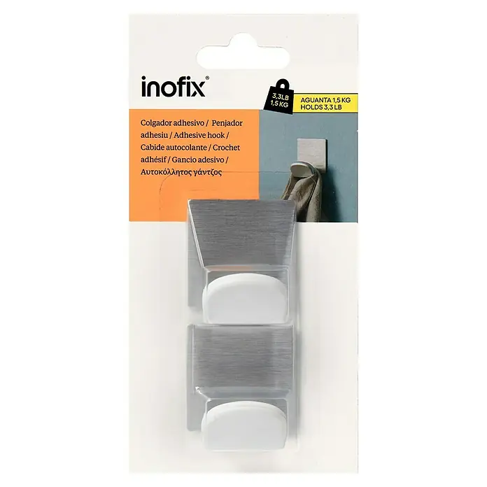 Inofix Colgador adhesivo 2078 - Acero inoxidable, Blanco, 2 ud., Cuadrado - Un paquete de dos ganchos adhesivos Inofix, cada uno con capacidad de hasta 1,5 kg, ideales para el baño y la cocina.