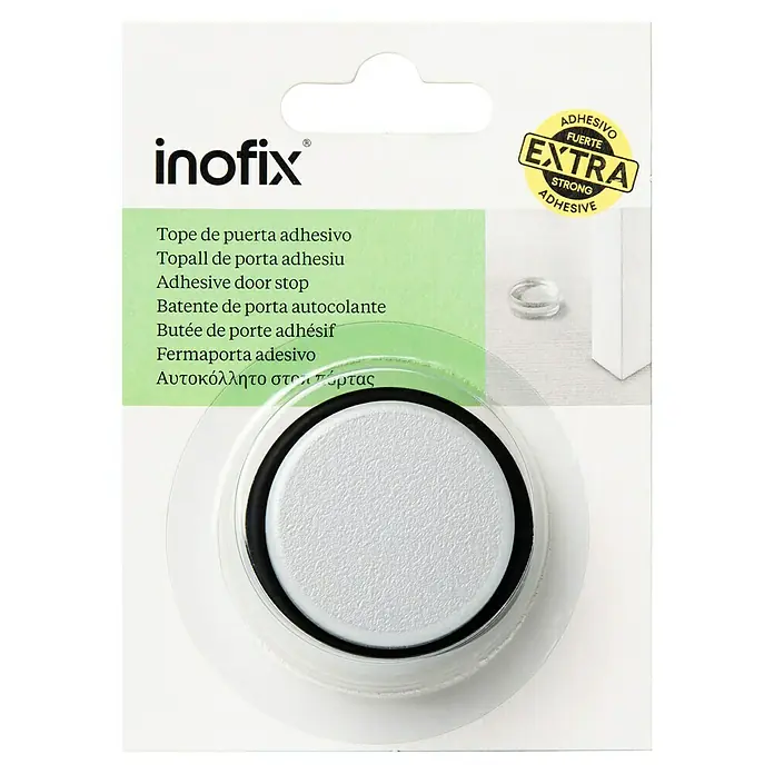 Inofix Tope de puerta 2098 - Ø x Al: 46 x 18 mm, Cromo - Imagen de un paquete de topes de puerta Inofix con adhesivo extra fuerte.