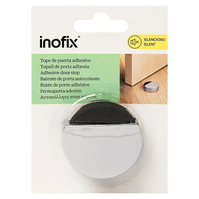 Inofix Tope de puerta 2027 - Plástico, Cromo - Imagen de un embalaje con un tope de puerta adhesivo plateado Inofix con amortiguador negro para cierre silencioso.