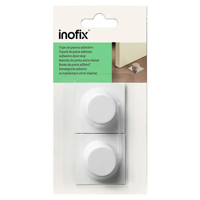 Inofix Tope de puerta 2031 - Plástico, Blanco - Paquete de dos topes de puerta adhesivos blancos de Inofix, diseñados para proteger paredes y muebles.