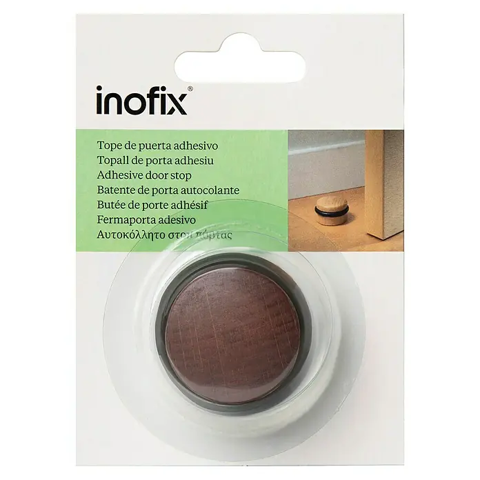 Inofix Tope de puerta 2032 - Madera, Marrón, 1 ud. - Primer plano de un paquete de topes de puerta adhesivos Inofix, ideales para proteger paredes y muebles de portazos.