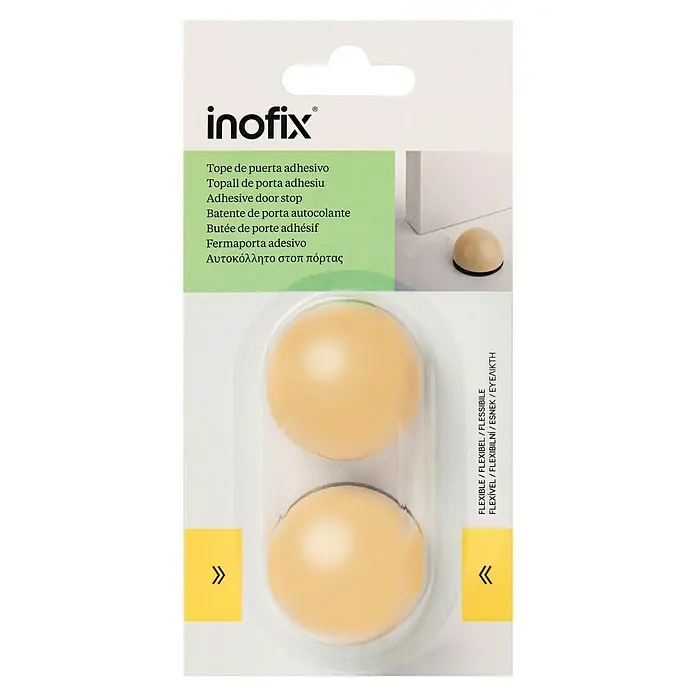 Inofix Tope de puerta 2033 - Beige, Plástico, 2 ud. - Primer plano de los topes adhesivos para puerta Inofix, una solución práctica para detener suavemente las puertas y proteger las paredes de daños.