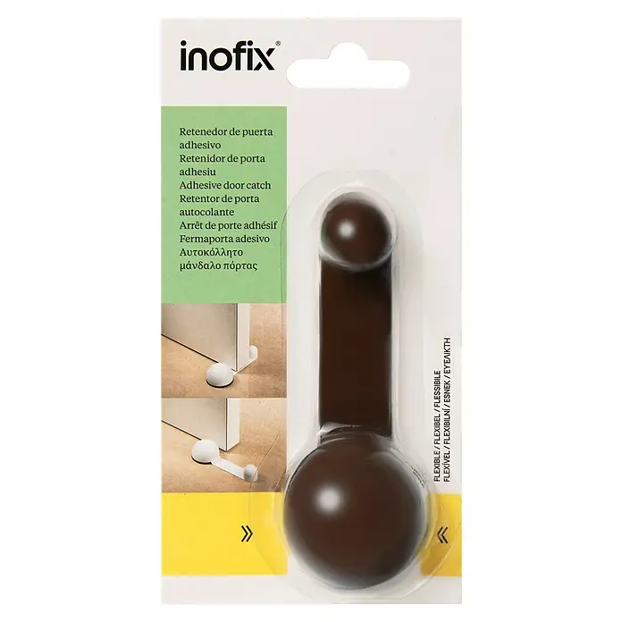 Inofix Tope de puerta retenedor 2035 - Plástico, Marrón, 1 ud. - Tope de puerta Inofix marrón envasado con extremos de bola, que se adhiere con cinta y es flexible.