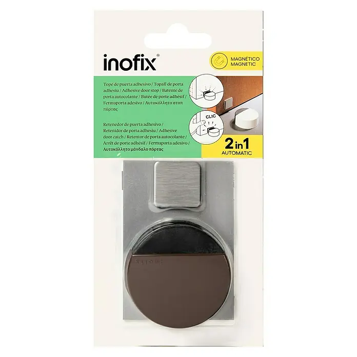 Inofix Tope de puerta 2037 - Acero inoxidable, Marrón - Imagen de un paquete de topes de puerta magnéticos automáticos 2 en 1 Inofix con un tope marrón y un soporte plateado.