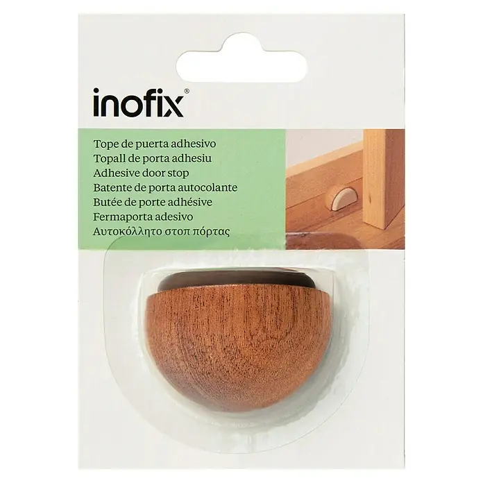 Inofix Tope de puerta 2039 - Madera, Marrón, 1 ud. - Imagen de un tope de puerta adhesivo Inofix, ideal para proteger paredes y muebles de golpes y arañazos.