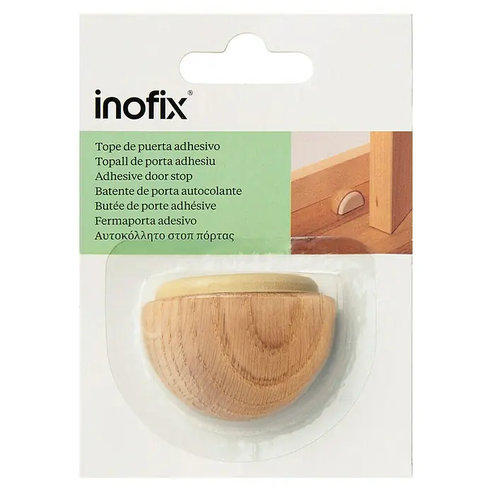 Inofix Tope de puerta 2039 - Madera, Roble, 1 ud. - Imagen de un paquete de un tope de puerta autoadhesivo Inofix, ideal para proteger paredes y muebles.