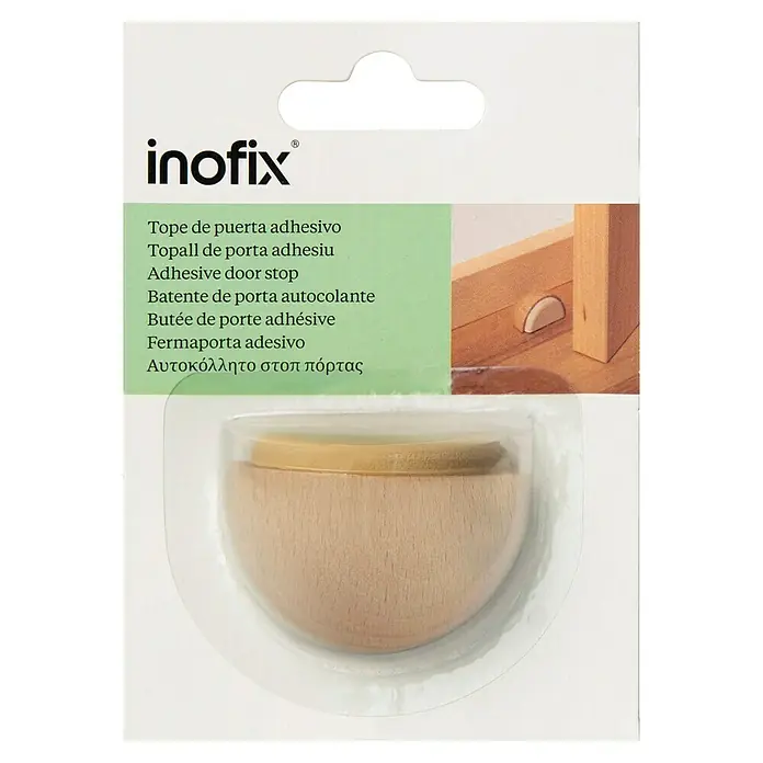 Inofix Tope de puerta 2039 - Madera, Haya, 1 ud. - Embalaje de un tope de puerta Inofix para un fácil montaje en pared, autoadhesivo y hecho de madera clara para una apariencia discreta.