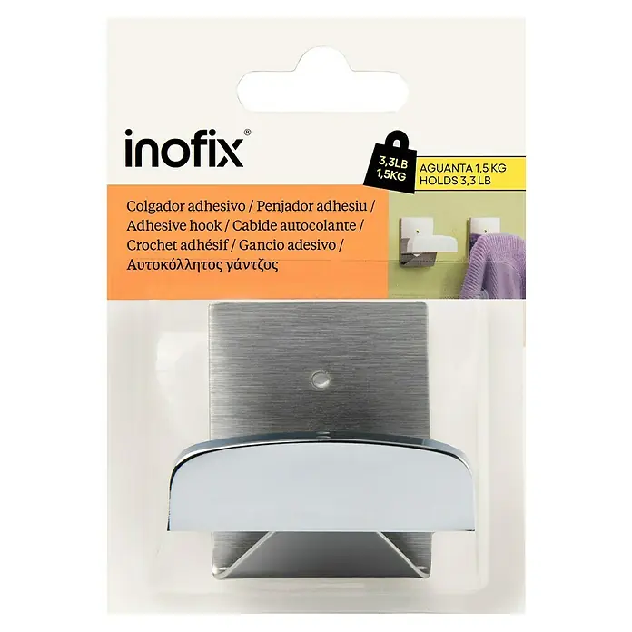 Inofix Colgador adhesivo 2045 - Cromo - Embalaje de un colgador adhesivo plateado de Inofix, soporta hasta 1,5 kg, ideal para el baño.