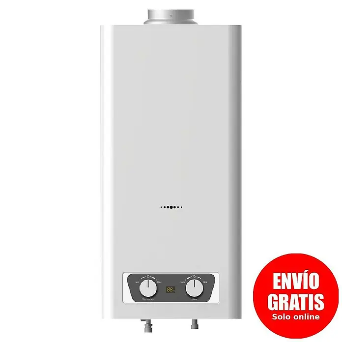 Corberó Calentador atmosférico CCATM11GNNOX - 22 kW, Caudal de agua: 11 l/min, Gas natural - Un calentador de agua a gas blanco moderno con reguladores y pantalla para configurar la temperatura y una pegatina promocional circular.