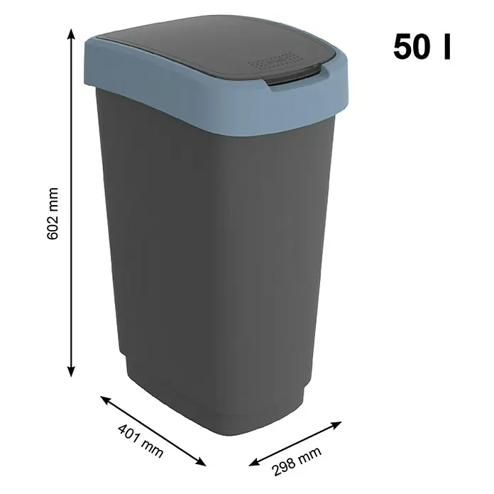 Rotho Schwingdeckeleimer Twist - 50 l, Kunststoff, Horizont Blau - Abbildung eines grauen 50-Liter-Abfallbehälters mit blauem Deckel und Maßangaben.