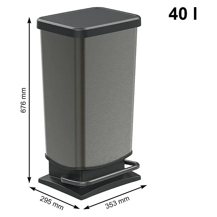 Rotho Treteimer Paso - 40 l, Kunststoff, Graphit - Bild eines 40-Liter-Treteimer aus Edelstahl mit den Maßen 676 x 295 x 353 mm für den Haushalt.