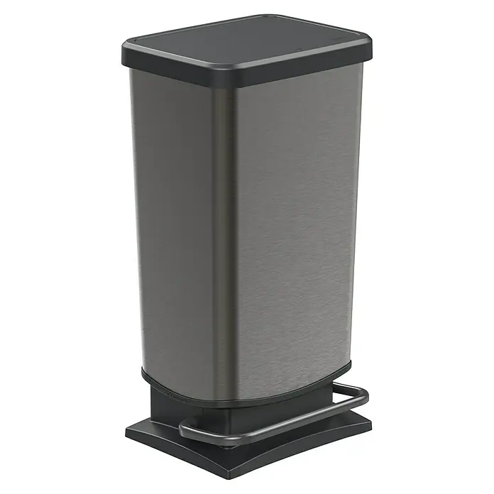 Rotho Treteimer Paso - 40 l, Kunststoff, Graphit - Ein moderner, silberfarbener Treteimer mit einem schwarzen Deckel und einer Fußpedalbedienung, ideal für jedes Badezimmer oder Küche.