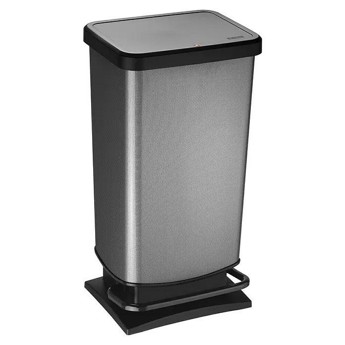 Rotho Treteimer Paso - 40 l, Kunststoff, Carbon - Ein moderner, rechteckiger Abfalleimer aus Edelstahl mit schwarzem Deckel und Fußpedal für hygienische Abfallentsorgung.