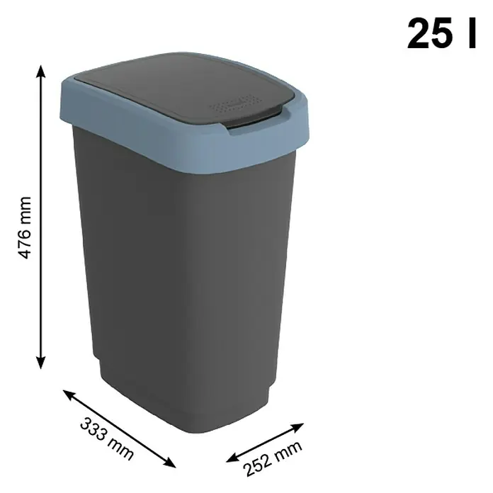 Rotho Schwingdeckeleimer Twist - 25 l, Kunststoff, Horizont Blau - Grauer 25-Liter-Abfalleimer mit blauem Deckel und Maßangaben.
