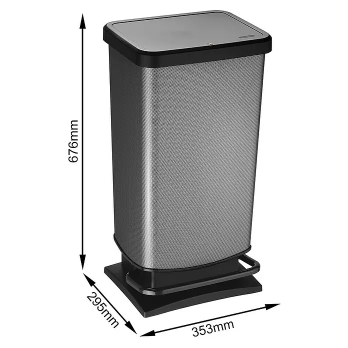Rotho Treteimer Paso - 40 l, Kunststoff, Carbon - Produktansicht des Treteimer mit den Maßen 676mm Höhe, 295mm Breite und 353mm Tiefe.