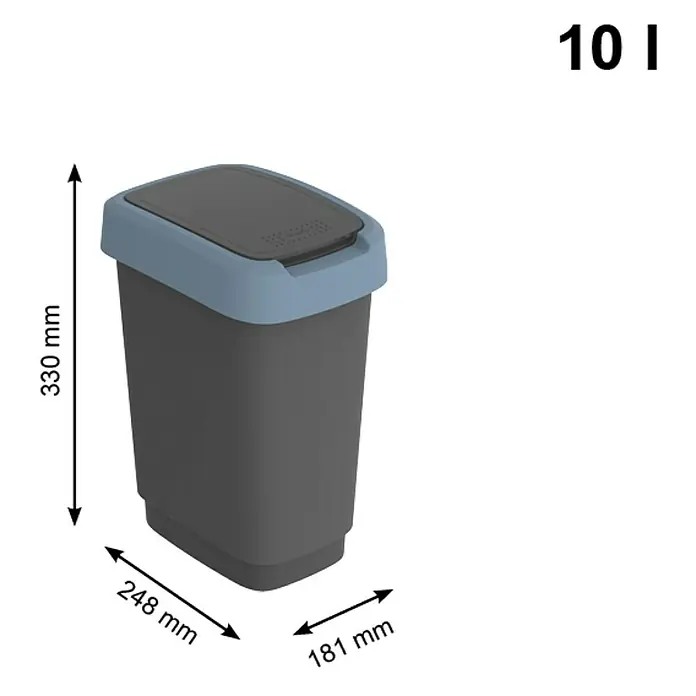 Rotho Schwingdeckeleimer Twist - 10 l, Kunststoff, Horizont Blau - Bild eines grauen 10-Liter-Abfalleimers mit blauem Deckel und Maßangaben für Höhe und Breite.