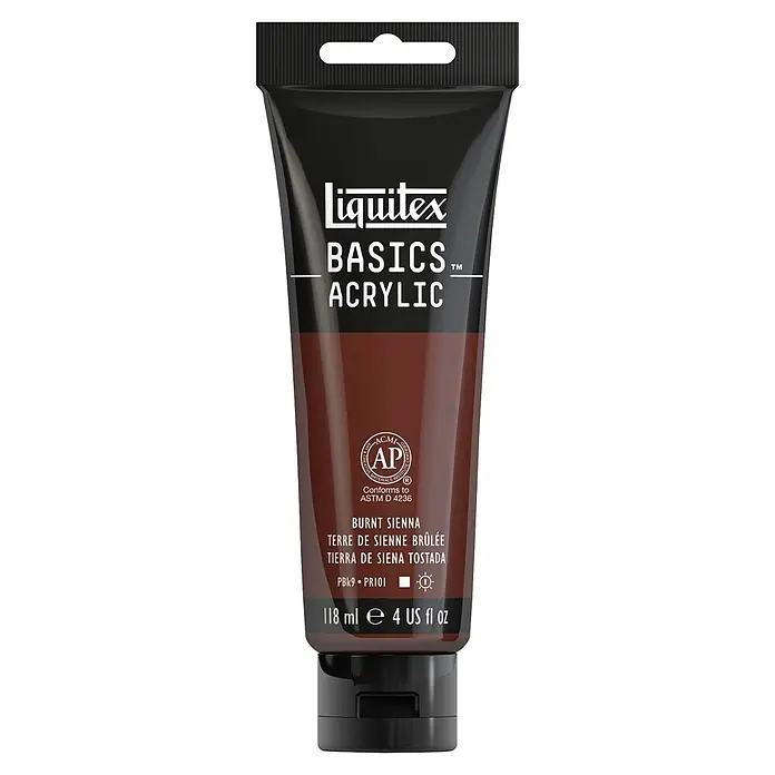 Liquitex Basics Acrylfarbe - Siena gebrannt, 118 ml - Eine Tube Liquitex Basics Acrylfarbe in der Farbe Gebrannte Siena, ideal für Künstler und Hobbybastler.