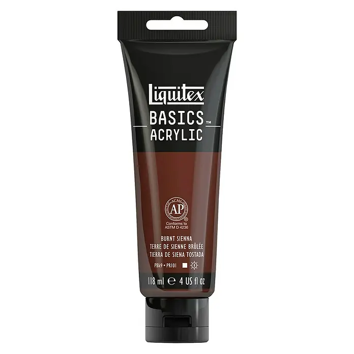 Liquitex Basics Acrylfarbe - Siena gebrannt, 118 ml - Eine Tube Liquitex Basics Acrylfarbe in der Farbe Gebrannte Siena, ideal für Künstler und Hobbybastler.