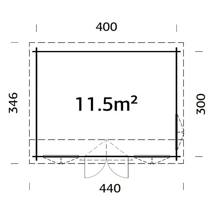 Palmako Gartenhaus Claudia Pent - Außenmaß inkl. Dachüberstand (B x T): 440 x 346 cm, Unbehandeltes Holz, Natur - Grundrisszeichnung eines Holzhauses mit den Maßen 400 x 346 cm und einer Fläche von 11,5 m².