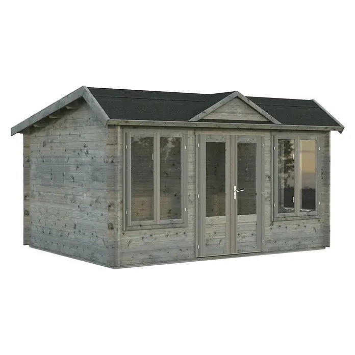 Palmako Gartenhaus Claudia Pent - Außenmaß inkl. Dachüberstand (B x T): 440 x 346 cm, Tauchgrundiertes Holz, Grau - Bild eines Gartenhauses aus Holz mit Fenstern und Doppeltür. Das Dach ist dunkel und der Holzton hellgrau.