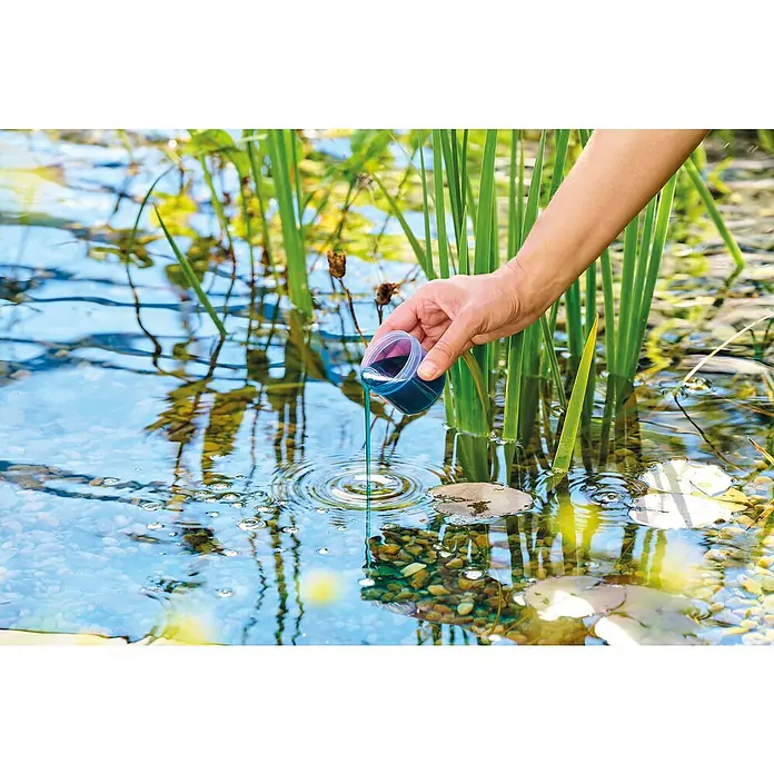 Oase AquaActiv Wasseraufbereiter AquaActiv - 500 ml - Blaue Flüssigkeit wird in einen Gartenteich gegossen, um das Wasser zu behandeln und Algenwachstum zu verhindern, wodurch das Teichökosystem verbessert wird.