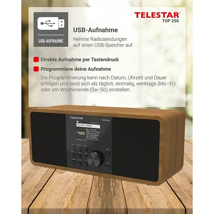 Telestar Internetradio Top 250 - L x B x H: 13 x 27,6 x 11,8 cm, Braun - Das Telestar TOP 250 Radio mit USB-Aufnahmefunktion ermöglicht es Radiosendungen auf USB-Speichern aufzunehmen und bietet direkte Aufnahme per Tastendruck.